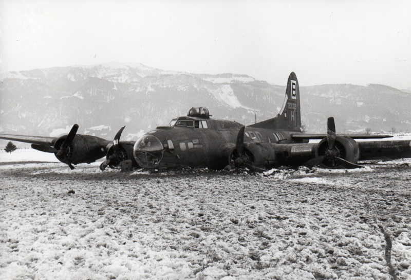 Die B-17 Flying Fortress nach der Bauchlandung im Riet zwischen Widnau und Kriessern. (238_1)