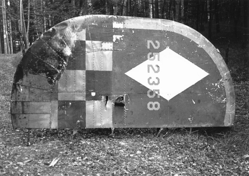 Nach der Explosion der Maschine landeten lediglich zwei Mann und das Seitensteuer auf Schweizer Gebiet. Das Seitensteuer bei Hemishofen. (166_1)