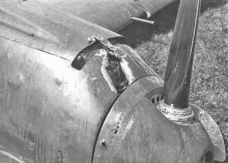 Direkt über der Propellernabe wurde Heinigers J-324 von einem 12.7 mm Geschoss getroffen. (295_2)