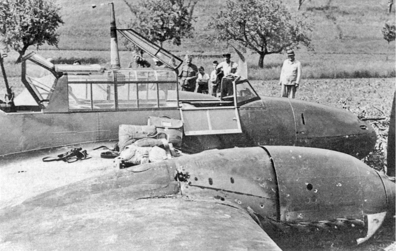Schaulustige bestaunen die Bf-110, die nach der Bauchlandung nur leicht beschädigt war. (21-1)